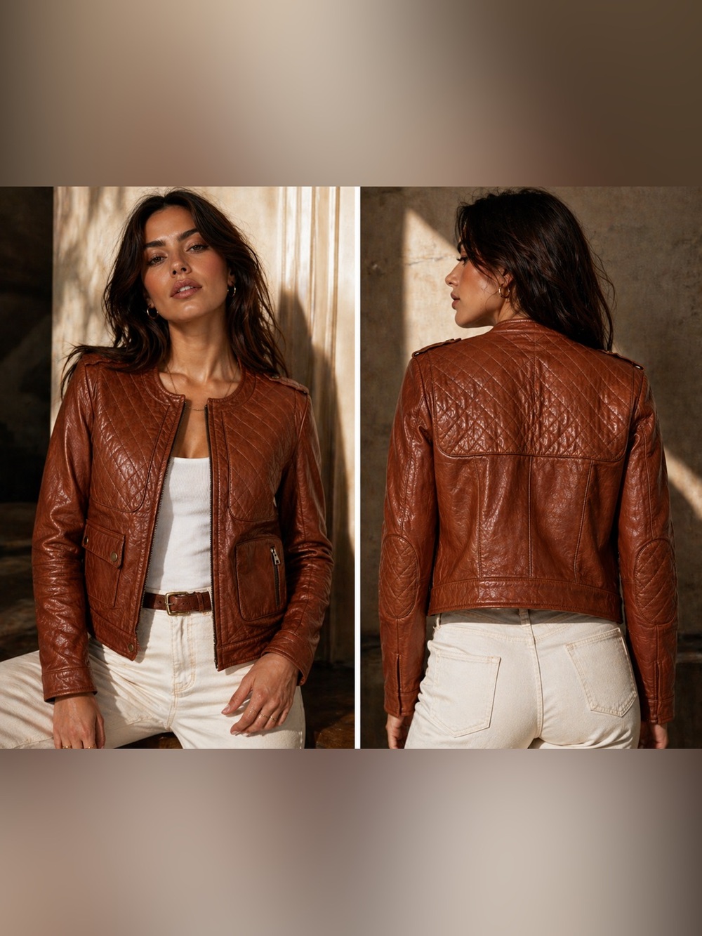 Rebecca Minkoff Quilted Leather Moto Jacket XS Cognac Brown Cropped Biker USA